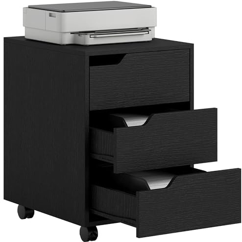 HOMCOM Caisson bureau mobile avec 3 tiroirs, meuble rangement bureau sur roulettes pour documents et imprimante, caisson de rangement compact pour travail ou chambre, 40x50x57,5cm, noir