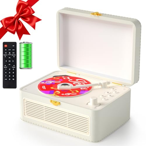 Gueray Lecteur CD Cuir Portable avec Haut-Parleurs 3600mAh Rechargeable Bluetooth pour Décoration Maison, Cadeau Festival Design Valise Rétro avec Télécommande Support USB AUX