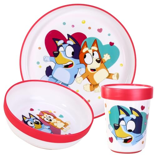 Bluey 3pcs Reusable Bicolor Premium Kids Dinner Tableware Set Plate, Bowl & Tumbler, BPA Free