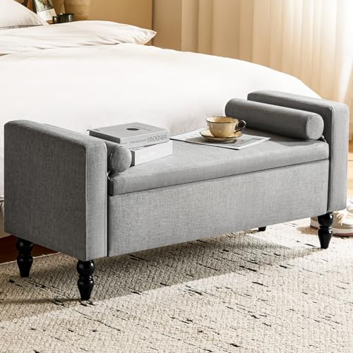 Hellove Banc Coffre de Rangement 116×45 cm en Lin avec Coussins Amovibles, Banc de Bout de Lit Rembourré avec Pieds en Bois Massif pour Chambre, Salon et Entrée (Gris)