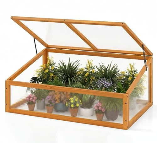 37 x 25 x 16 Wooden Cold Frame Greenhouse, Raised Garden Bed for Outdoors with Adjustable Openable Polycarbonate Roof, Portable Mini Hot House for Seedlings & Herbs, Fir Wood, Orange