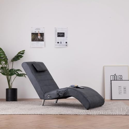 Holepyr Massage Chaiselong med kudde grå mocka utseende, 144 x 59 x 79 cm, galvaniserade stålben, 5 massagelägen, värmefunktion, fjärrkontroll för vardagsrum, sovrum, avslappningszon