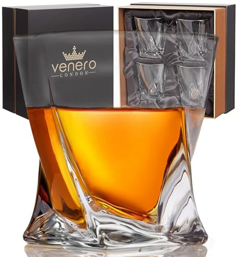 Venero - Juego de 4 vasos de cristal para güisqui en caja de regalo, vasos cortos de bar para beber bourbon, güisqui escocés, cócteles, coñac, etc., vasos para cóctel Old Fashioned
