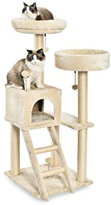Amazon Basics Rascador para Gatos, Tamaño Grande, con Dos Plataformas y Caseta, 127 cm de Altura, Varios Niveles, Color Beige