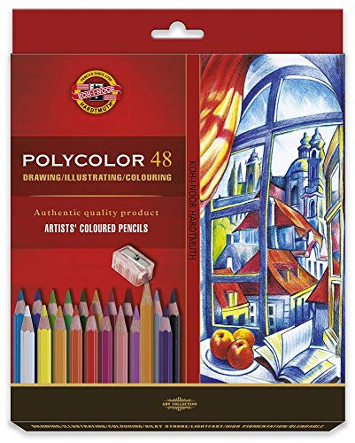 Koh-I-Noor 3836 POLYCOLOR - Künstlerfarbstifte mit Anspitzer und 2 Graphitstiften im Pappetui - Farben sortiert, 48er-Farbset