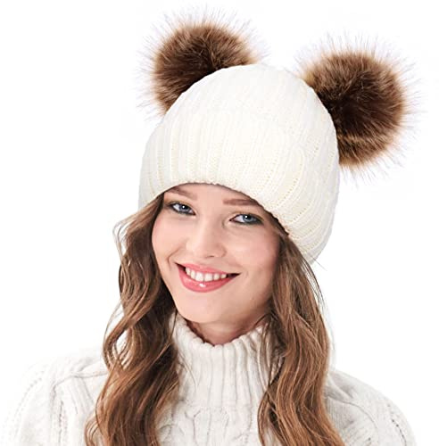 Arctic Paw Bonnet d'hiver en tricot torsadé pour femme avec pompons en fausse fourrure, blanc, Taille unique