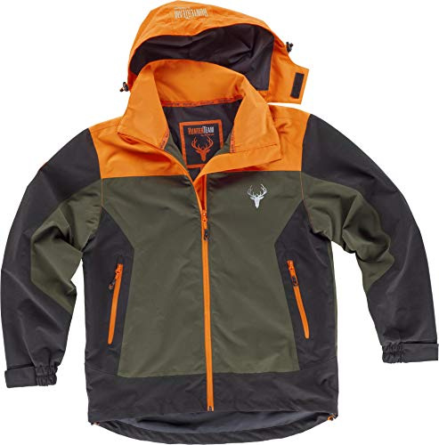Work Team Chaqueta Caza y Pesca Impermeable combinada Tricolor. Cuello Alto y Capucha Desmontable con cordón elástico y Pieza Ajustable. Cubrecosturas Hombre Verde Caza+Naranja A.V.+Negro XL