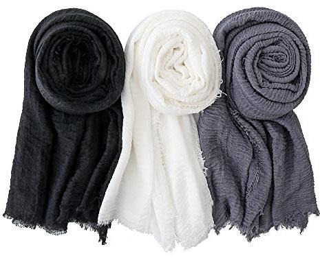 EVQ Scarf Wrap Shawl Cotton Wrinkle Scarves Crinkle Hijabs for Women (3pcs Black+White+Dark Gray(70.9x35.5))