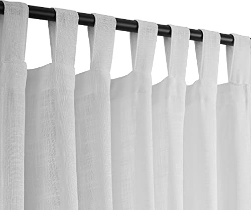 VOILYBIRD White Linen Semi Sheer Curtains Tab Top Light Filtering Elegant Curtains & Drapes for Living Room 52 x 108 Inches Long, Set of 2 Panels