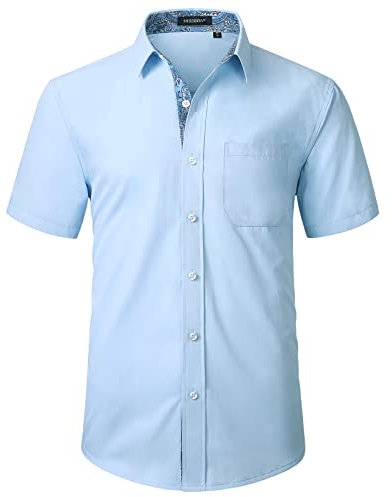 HISDERN Mens Short Sleeve Dress Shirts Formal Casual Regular Fit Shirt Button Down Business Office Blue Shirts with Chest Pocket,L