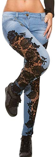 Jean Sexy à Découpes en Dentelle pour Femme Été Automne DéChirés Skinny Taille Haute Jeans Élastique Slim Fit Pantalons Jeggings Pants Casual RéTro Push Up Straight Pants