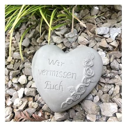 Radami Grabherz Gedenkstein - Wir vermissen Euch - Grabschmuck Grabdeko Trauerherz 10cm, Handarbeit Natur -grau