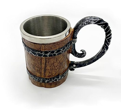 Zeromall Wooden Barrel Beer Mug Stainless Steel Double Wall Vintage Beer Mugs, Cocktail Mug with Handle, Vintage Coffee Mug Tea Mug for Home Bar Restaurant(550 ml/ 19 oz)