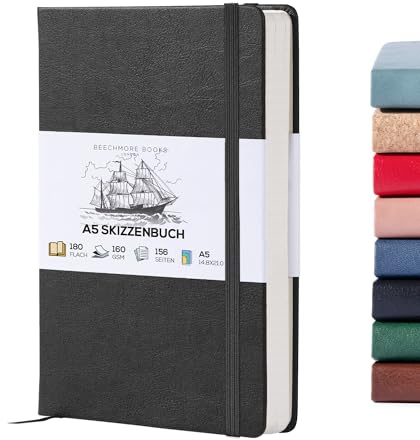 BEECHMORE BOOKS Cuaderno de bocetos A5 (14,8 x 21) – 156 páginas, 160 g/m² | Tapa dura piel vegana, apertura plana, hojas perforadas, caja de regalo, bloc de dibujo profesional