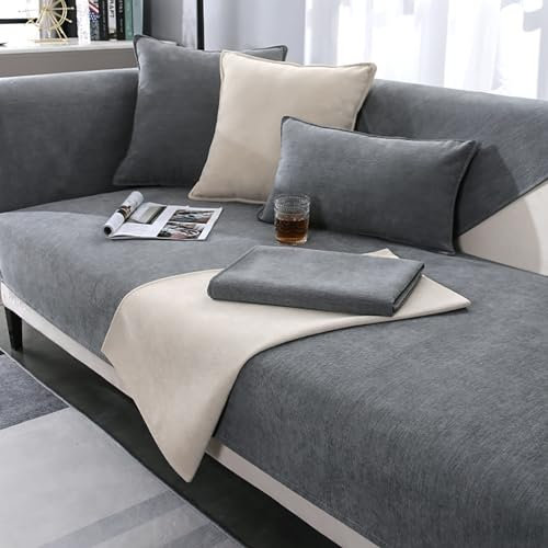 JJRETGY Sofabezug Chenille 1 2 3 4 Sitzer, Ecksofa L Form Sofaüberwurf, rutschfeste Sofabezüge, Warmer Super Weicher, Waschbare Sofabezug für Haustiere (Grau,90X90cm)