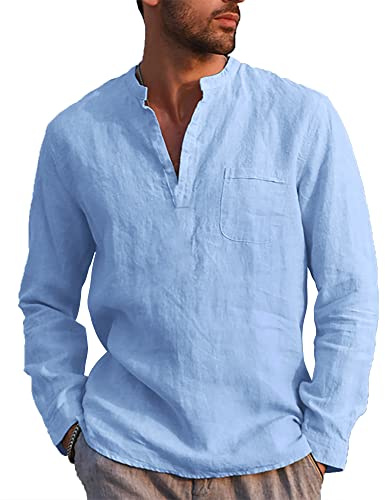 NANAMEEI Chemise en Lin Homme Chemise Col Mao Homme Eté Décontractée Casual Henley Shirt Manche Longue Bleu Clair XL