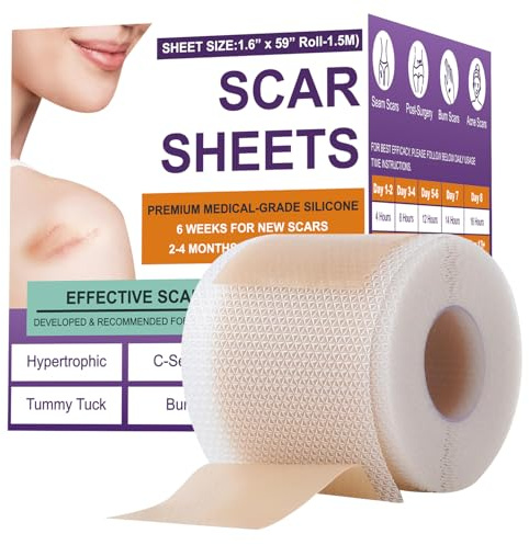 Silicone Scar Sheets,Silicone Scar Tape,Silicone Scar Removal Strips for Surgical,C-Section,Tummy Tuck,Keloid Scars (1.6X 59 Roll-1.5M) Keloid Bump Removal