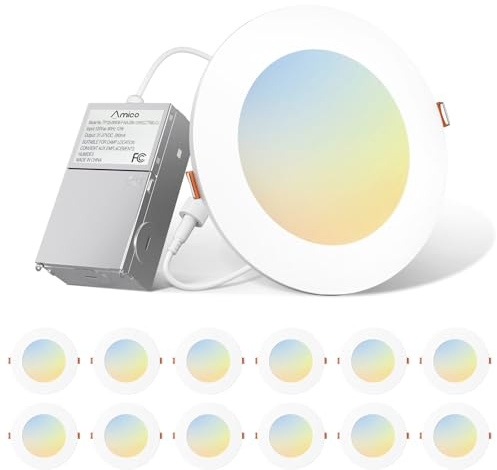 Amico 12 Pack 6 Inch 5CCT Ultra-Thin LED Recessed Light with Junction Box, 2700K/3000K/4000K/5000K/6000K Selectable, 1000LM Brightness, Dimmable Canless Wafer Downlight, 12W Eqv 110W-ETL&FCC