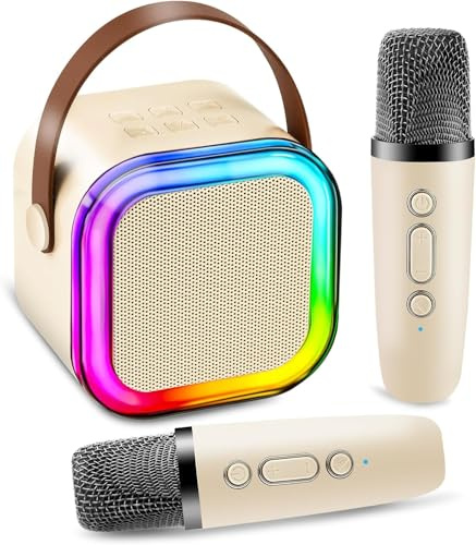 Kids Karaoke Machine 2 Microphones - Music Singing Toys for 3-12 Year Old Girls Birthday - Mini Portable Karaoke Machine Wireless Microphones for 3-12 Year Old Boy Girls (light beige)