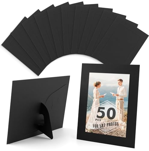 Mat Board Center, 50 Pack 5x7 Paper Picture Frames, Cardboard Frame, Photo Folders with Easel, DIY Frames Black