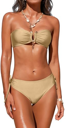 seamoly Cheeky Bikini Sets for Women Seamless Off-Shoulder Bandeau Top Solid Cute Ruched Tie Side Swimsuit Apricot X-Small