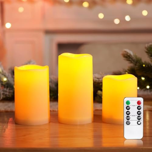 Homemory Real Wax Flameless Candles, Melted Wick Design, Flickering Battery Operated Candles with Remote Control and Timer, Fake LED Pillar Candles, Ivory, Single, 3 x 4