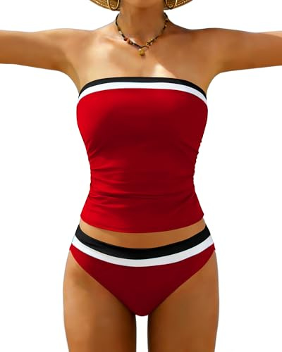 Jolefille Tankini Swimsuits for Women Two Piece Strapless Bandeau Bathing Suits Tops Full Coverage Modest Swim Suits 2026 Red