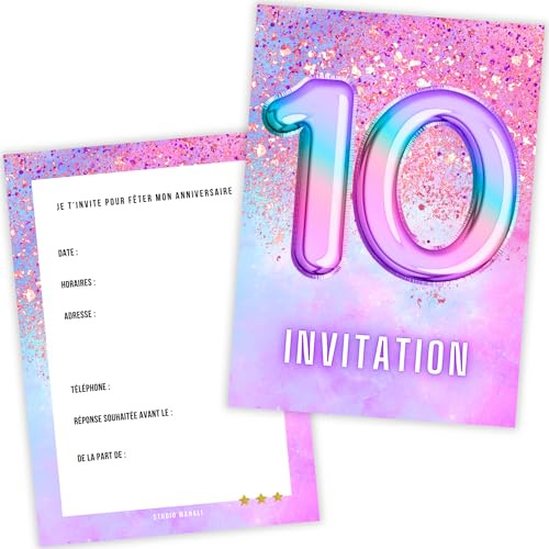Biglietto di invito compleanno ragazza 10 anni – Confezione da 12 biglietti premium – tema palloncino helium bom arcobaleno pastello rosa viola unicorno – carta spessa 400 g – formato A6 – Made in