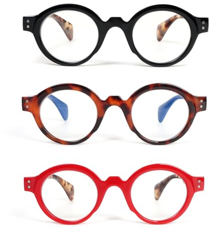 KoKoBin 3 confezioni di occhiali da lettura rotondi oversize per donne e uomini che bloccano la luce blu con cerniera a molla (3 Pack, 2, x)