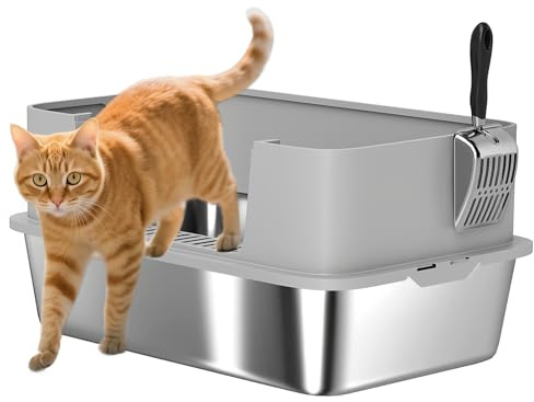 PawHut Arenero para Gatos de Acero Inoxidable XL Caja de Arena para Gatos Arenero con Borde Alto Pala Fácil de Limpiar Prueba de Fugas 60x40x29,5 cm Gris