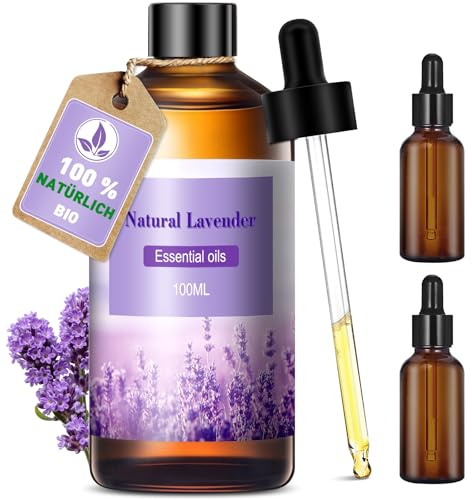 Lavendelolja 100 ml, ren lavendel eterisk olja + 2 x 10 ml flaskor, naturliga eteriska oljor lavendelolja doftoljor för diffusor, luftfuktare, massage, bad, tvål, ljustillverkning, gör-det-själv