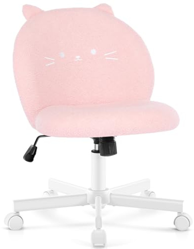 Morkprism Vanity Chair with Cat Back,Armless Desk Chair Cute Small Office Chair,Teddy Fabric Computer Chair with Adjustable Height,120°Tilting,Rolling,Swivel for Vanity,Kids Room,Office,Bedroom Pink