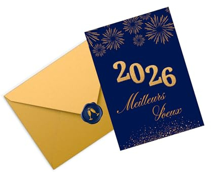 Carte Meilleurs Voeux 2026 - Papier Premium Nacré 400g - Carte Nouvel An, Lettrage doré à chaud - Pliable 17 x 12 cm - Enveloppe Premium et Autocollant (Meilleurs Voeux-Autocollant)