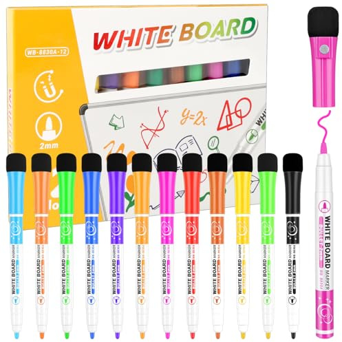 MOTIBACK Lot de 12 marqueurs magnétiques pour tableau blanc - Avec éponge - Avec gomme - Corps blanc - Pointe fine - Effaçable à sec - Pour le bureau, l'école et la maison