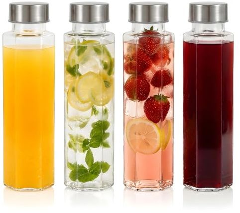 LIMILI Glass Bottles with Lids, Water Bottles with Stainless Steel Lids, Leak Proof Reusable for Hot Cold Drinks Work Gym Home (4PCS 350ML Square)