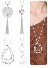 CASSIECA 4 STÜCKE Lange Anhänger Halsketten für Damen Mädchen Knoten Scheibe Kreis Quaste Y-Kette Lang Pullover Kette Modeschmuck Set Gold/Silber