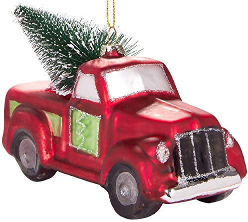 BRUBAKER Pick-Up Truck Med Röd Julgran - Handmålade Julgranskulor av Glas - Handblåsta Julgransdekorationer Roliga Figurer Dekoration Hängen Trädboll - 142 cm