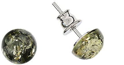 Bernstein Ohrringe, runde grüne Ohrstecker aus 925/000 Sterling Silber rhodiniert und Bernstein von Artisana-Schmuck