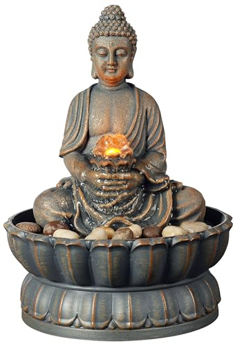 Kalona Home Décor 9.6 Tabletop Fountain Exquisite Smile Sitting Buddha Fountains Desk Water Fountain Decorative Zen Fountain w/Reflective Lighting/Cobblestone Office and Home Decor(21125A)