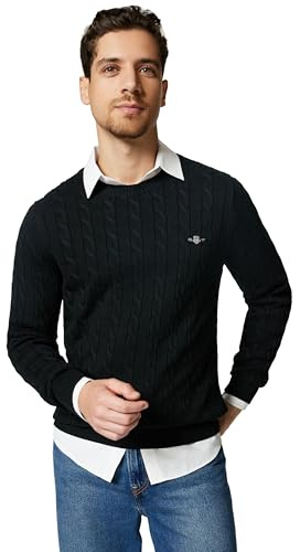 GANT Men's Cotton Cable C-Neck Pullover, Black, L
