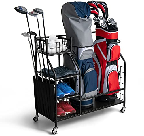 COSTWAY Support de Rangement pour Sac de Golf avec Roues Universelles Verrouillables, Organisateur de Stockage en Métal pour Accessoires Golf avec Étagère et 4 Crochets