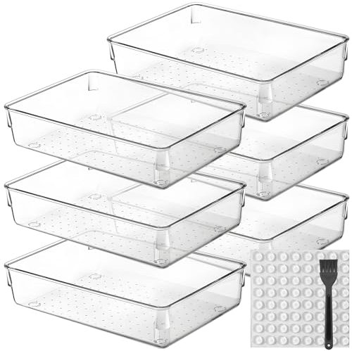 Desk Drawer Organiser, 6 Pack Large Kitchen Acrylic Drawer Storage Box Set Fridge Organiser Clear Plastic Dressing Table for Utensils Makeup Office Multifunctional Sundries Organizing & Dividing Box