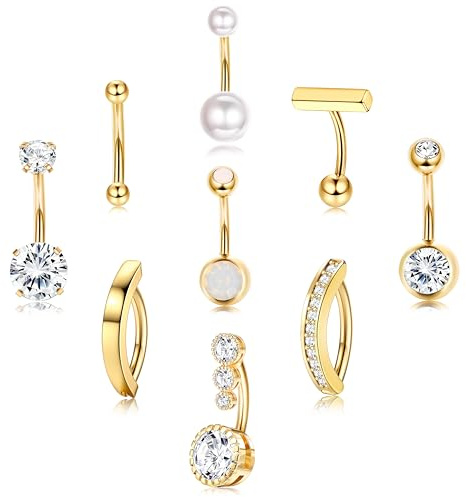FIASASO 9 Pcs Gold Plated Belly Button Ring Surgical Stainless Steel Belly Rings CZ Opal Pearl Belly Button Ring Clicker Belly Piercings for Women Navel Piercings Pack Gold Plated