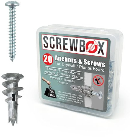 SCREWBOX® Plasterboard Fixings – 20pcs Heavy Duty Drywall Anchors & Screws, Metal Self Drilling Wall Plugs for Strong Grip
