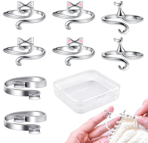 FineGood 8 Stück Häkelring für Finger, verstellbarer Häkelspannring, Garnführung, Häkelring, Fingerhaken, Strickzubehör mit Aufbewahrungsbox