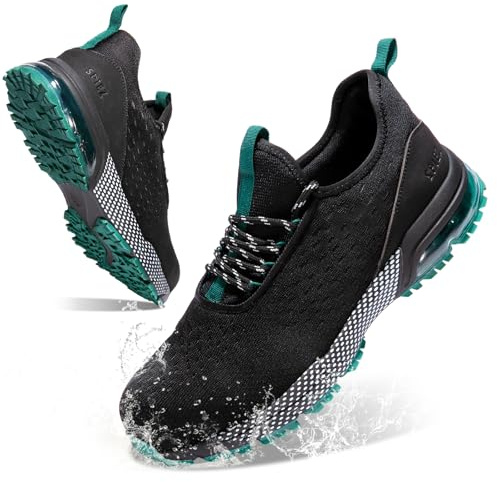 SPIEZ Zapatos de Seguridad para Hombre Mujer Ligeros Slip-on, Antideslizantes, Resistentes al Agua, Amortiguación de Aire, Cordones Decorativos, Negro Verde, EU44