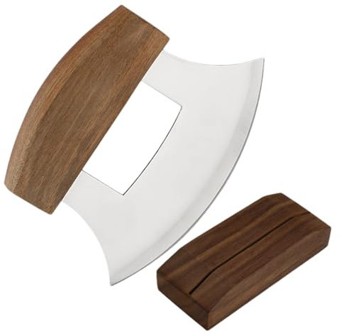 Cortador De Pizza Alaska, Cortador De Mezzaluna Para Picar, Mango Ergonómico Antideslizante Cortador Ulu De Alaska De Acero Inoxidable Con Soporte De Madera Para Picar Ensaladas