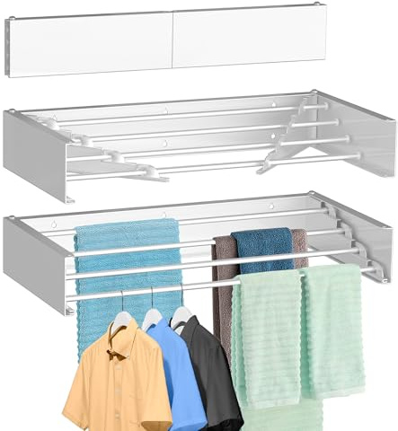 FOCHIER F Laundry Drying Rack Wall Mounted Clothes Drying Rack Collapsible with 4 Aluminum Rods and Drilling Template Long Screwdriver Bit 60 lbs Capacity (White, 23.6)