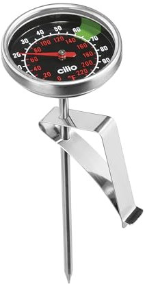 cilio Milchthermometer | Edelstahl rostfrei | Temperaturmessgerät für Flüssigkeiten | Für perfekten Milchschaum | Verstellbarer Clip | Markierungen bei 60 °C - 70 °C | Skala bis 100 °C