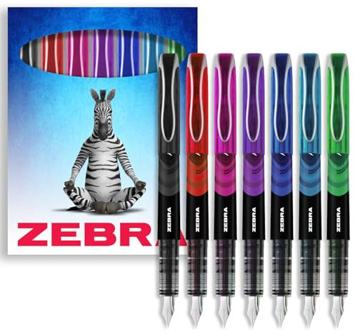 Zebra Fuente Pen - Disposable Fountain Pens - Pack of 7 - Black, Red, Pink, Violet, Blue, Light Blue & Green - In Zebra Envelope Gift Packaging